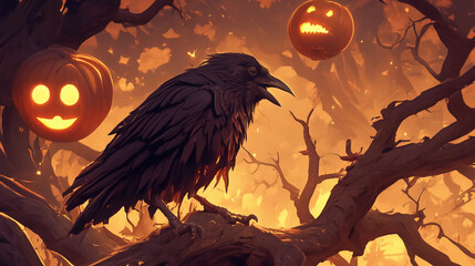 A mysterious black crow perched on a tree branch with glowing pumpkins in the background