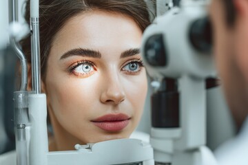 Intraocular Pressure Check: Ophthalmologist Examining Caucasian Woman with Diagnosis Chart