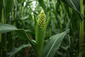 Fototapeta premium Iowa Cornfield. Cornfield with Tasseling Corn Plants in Green Maize Field