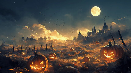 A pumpkin patch under a full moon, glowing pumpkins surrounded by misty fog