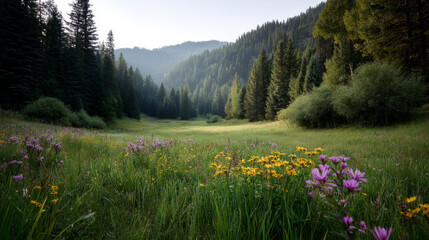 A beautiful, sun-drenched spring summer meadow. Natural colorful panoramic landscape with many wild flowers of daisies against blue sky. A frame with soft selective focus.