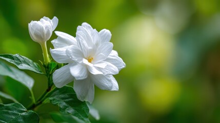 Fototapeta premium Jasmine Sambac. White Floral Close-up of Jasminum Sambac Blossom in Green Nature Background