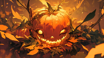 A pumpkin with a mischievous grin, resting on a bed of autumn leaves, glowing softly