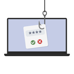 Phishing Attack Concept with Hook and Password Theft on Laptop Screen