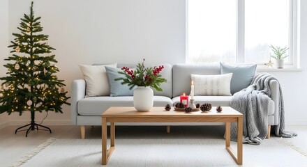 Fototapeta premium Cozy living room decorated for the holidays with a Christmas tree, candles, and festive decor