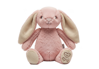 Adorable soft pink bunny rabbit plush toy front facing studio shot isolated on transparent background