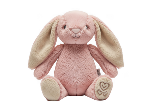Adorable soft pink bunny rabbit plush toy front facing studio shot isolated on transparent background