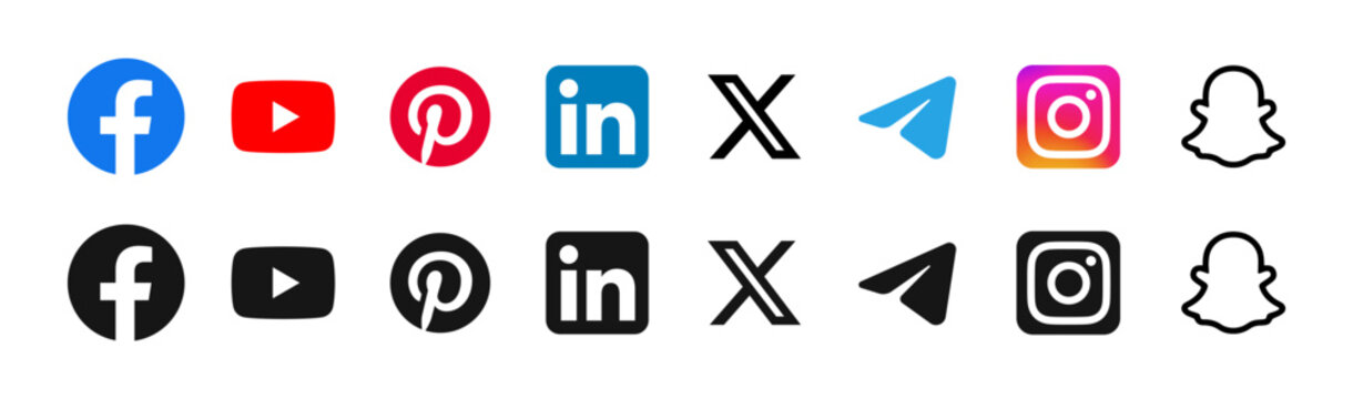Social network buttons 2025. Social media web icon set. X, Facebook, Instagram, YouTube, TikTok, LinkedIn etc...