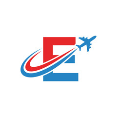 Dynamic logo design features a bold red E with a blue airplane and sweeping curves, suggesting motion, speed, and global travel. Ideal for airlines, travel agencies, and transportation brands.