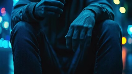 Young man in hoodie sitting alone at night with city lights in blue tone - Powered by Adobe