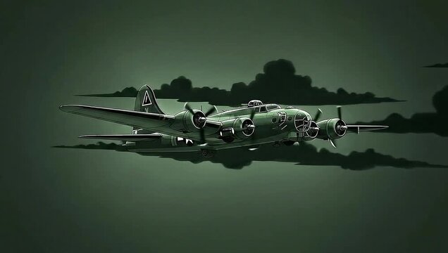 Historic aviation depicted in seamless 2D loop B-17 Flying Fortress bomber aircraft flies through ominous dark clouds animation video.