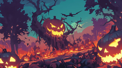 A spooky scene with a pumpkin patch, glowing pumpkins casting eerie shadows