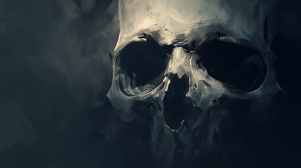 A spooky skull on a dark background with sharp contrasts and eerie lighting