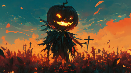 An eerie silhouette of a skeleton with a glowing pumpkin behind it, ominous and dark