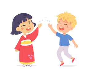Happy kids giving a high five. Smiling girl and boy celebrating together. Friendship and teamwork concept. Cute flat vector illustration isolated on white background.