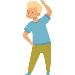Blond Haired Boy In A Blue T Shirt And Green Pants Doing A Stretching Exercise With A Smile On His Face