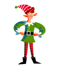 Christmas elf with red striped leggings and green tunic. Cheerful character smiling confidently with hands on hips, wearing red and white striped hat with green pompom. Holiday vector illustration.