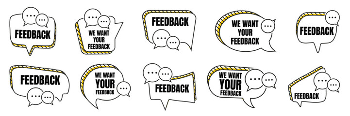 Naklejka premium Feedback bubble collection with text and chat symbols. Speech quote shapes for survey, communication or response topics