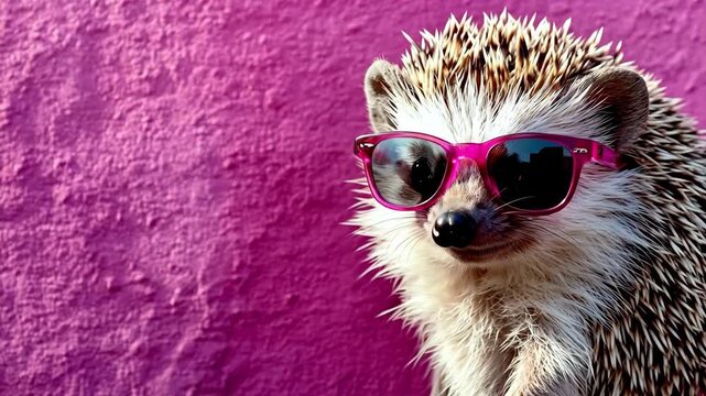 Cool hedgehog wearing sunglasses against vibrant pink wall
