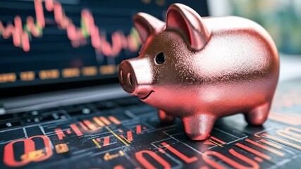 Metallic piggy bank on financial chart displaying stock market trends - Powered by Adobe