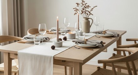Table setting plates linen napkins candles glassware on a runner dining table