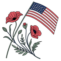 American flag with red poppies and green leaves in a patriotic floral arrangement design element