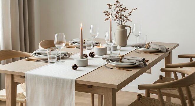 Table setting plates linen napkins candles glassware on a runner dining table