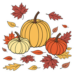Three pumpkins of different colors surrounded by autumn leaves on a white background illustration