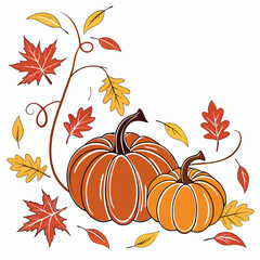 Illustration of two pumpkins with autumn leaves and a vine on a white background design element