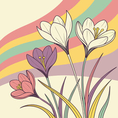 Illustration of crocus flowers in various colors against a pastel rainbow wave background design