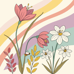 Illustration of pink and white flowers with leaves against a pastel striped background design art