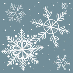 Illustration of several white snowflakes of varying sizes and designs on a gray blue background with dots