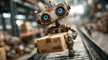 Portrait of an Advanced Humanoid Robot Carrying a Cardboard Delivery Box Across an Industrial Warehouse Floor. Future of Automated Logistics, Storage and Shipping Concept