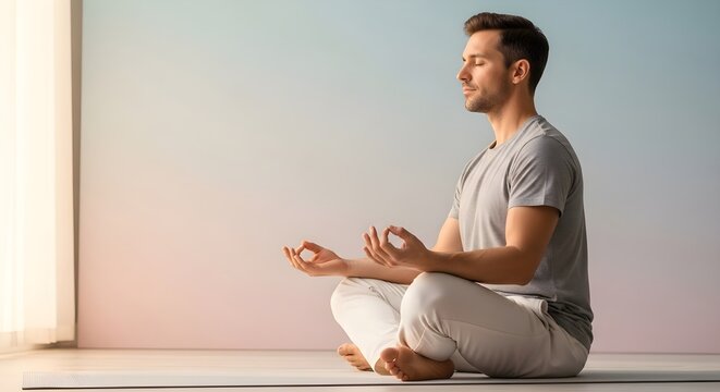 Mindful practice for improved mental health a man in a meditative pose seeking tranquility, inner balance, and holistic wellness for a serene lifestyle