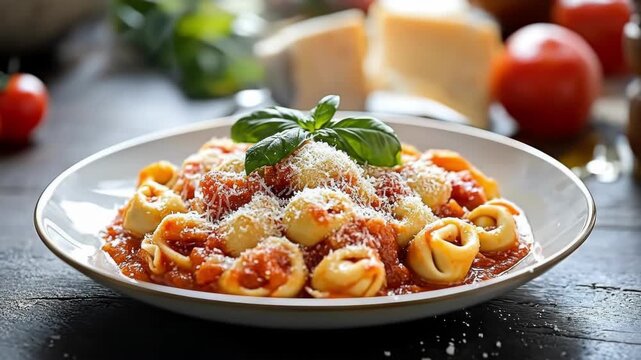 Plate of tortellini with tomato sauce and cheese garnished with basil