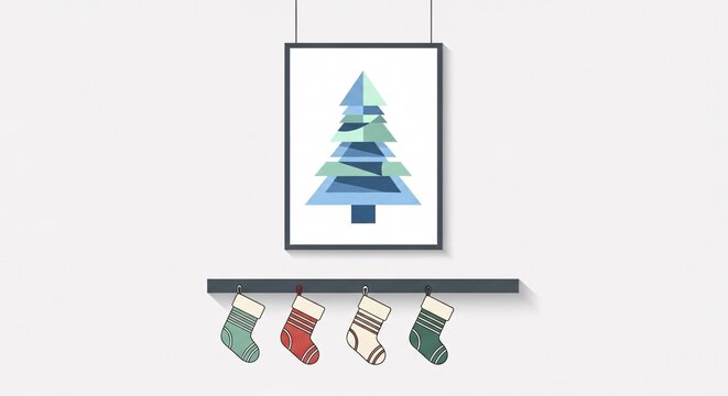 Modern holiday home decor concept featuring a geometric Christmas tree poster and colorful festive stockings on a shelf