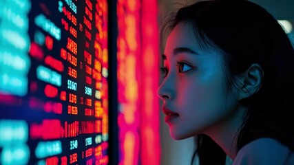 Asian young woman analyzing digital stock market data in neon light - Powered by Adobe