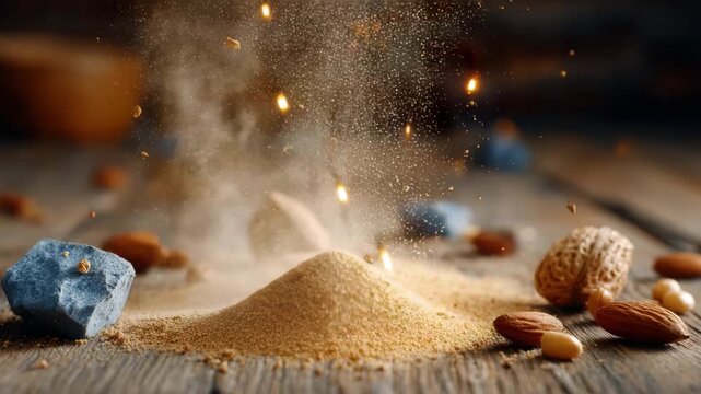 Dynamic explosion of almond dust and particles captured mid-air over rustic wooden surface, showcasing natural ingredients