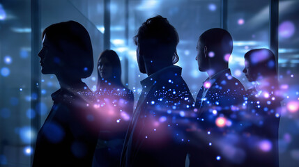 Faceless silhouettes behind frosted glass illuminated by data reflections, concept of anonymous innovation and collective intelligence, with copy space.