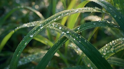 Dew drops sparkling on curved blades of green grass in the morning light. Concept Morning Dew on Grass, Sparkling Dew Drops, Curved Blades Macro, Soft Morning Light, Nature Close-Up