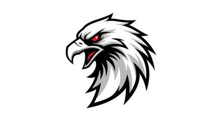 A detailed illustration of an eagle's head, showcasing sharp features and intense gaze, with a white background.
