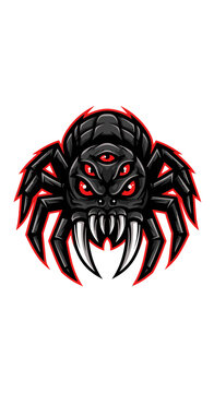 A stylized, menacing black spider with multiple glowing red eyes and sharp fangs, depicted in a graphic illustration style.