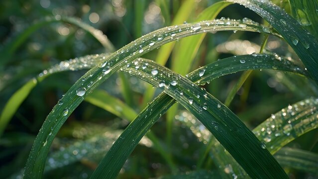Dew drops sparkling on curved blades of green grass in the morning light. Concept Morning Dew on Grass, Sparkling Dew Drops, Curved Blades Macro, Soft Morning Light, Nature Close-Up