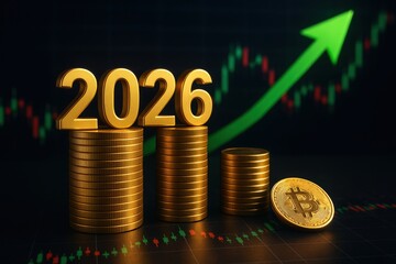 Golden coins with 2026 text and Bitcoin symbol on stock chart background