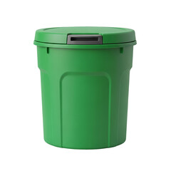 A vibrant, cylindrical, green container with a matching lid, likely for waste disposal. It stands upright on a dark, plain background