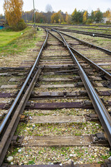 Fototapeta premium Close-up of a weathered railway switch with rusty steel rails and overgrown vegetation between the wooden sleepers. Industrial decay theme with copy space