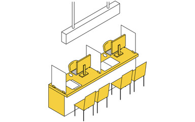 役所や銀行などにあるパーテーションで区切られた受付相談カウンターのシンプルな線画アイソメトリックイラスト