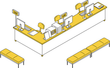 発券機と呼出番号表示システムのある受付カウンターと待合ベンチのシンプルな線画アイソメトリックイラスト