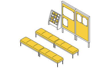 ビラの貼られたパーテーションとチラシスタンドのある待合スペースのシンプルな線画アイソメトリックイラスト