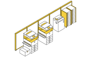 パーテーションで区切られたオフィスのコピー室のシンプルな線画アイソメトリックイラスト